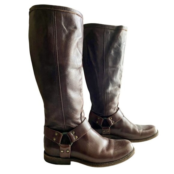Frye Leather Harness Melissa Boots Women Sz 6.5 Brown Round Toe - Picture 1 of 13